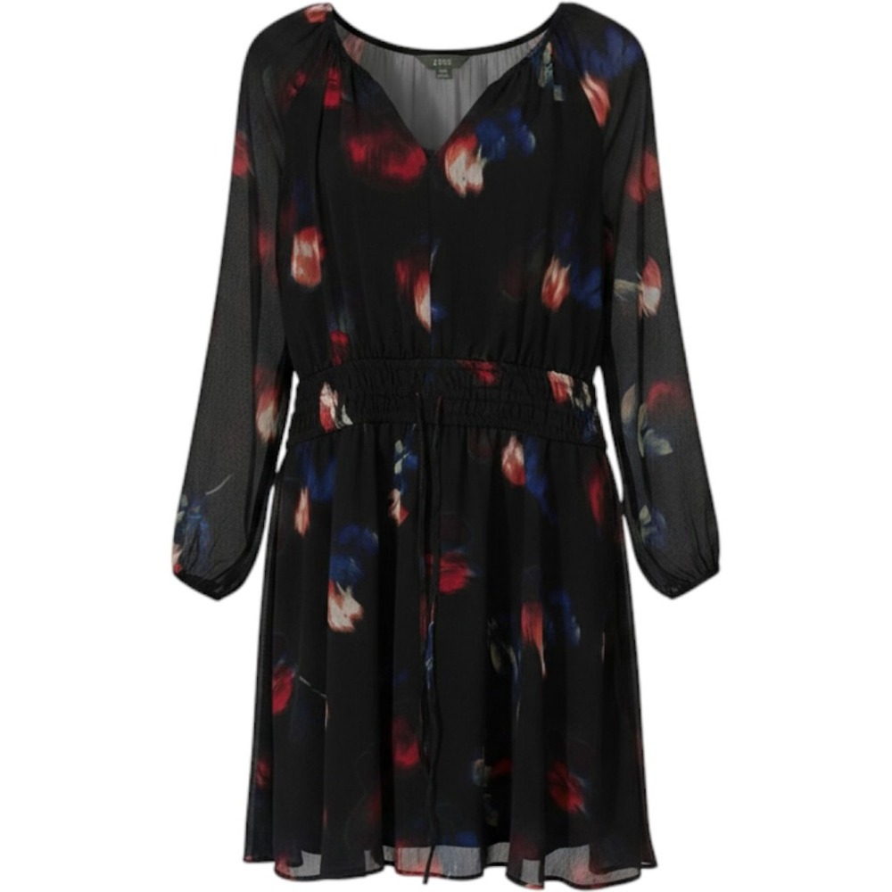 Terra & Sky Floral Mini Dress 1X‎ Plus Size Boho Smocked Waist Black Red Blue